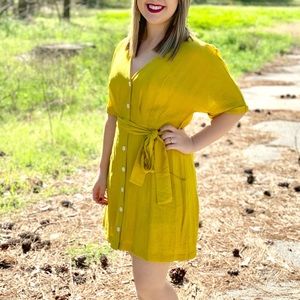 Yellow Button Down Belted Dress